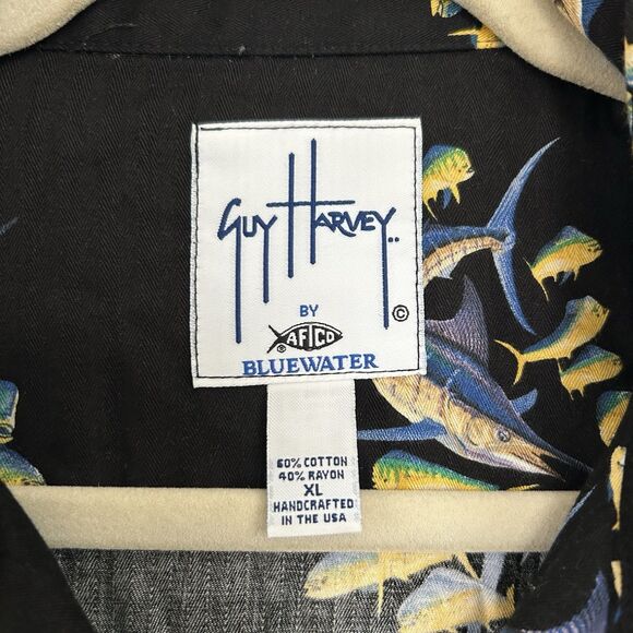 Guy Harvey Aftco Shirt Mens XL Black Bluewater Fish All Over Print Button Up USA - Picture 3 of 7